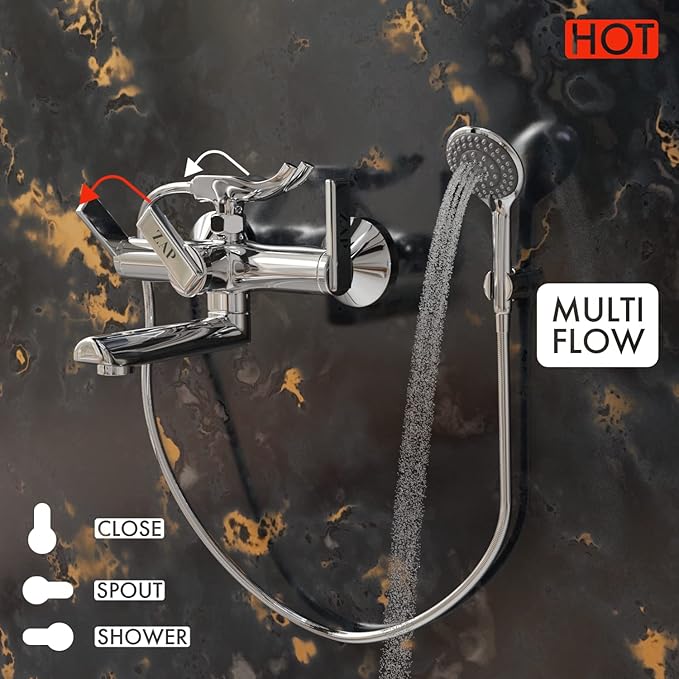 ZAP Ultra Cube Series 2-in-1 Wall Mixer with Crutch | Brass Body with Multi-Flow Hand Shower & 1.5 Meter Stainless Steel Hose Pipe | Chrome Finish Bathroom Fitting