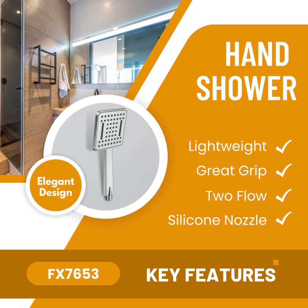FX7653 Hand Shower with Stand and Hose Pipe Flexible Silicone Nozzles, Stainless Steel Finish, Lightweight, Great Grip, Precise Water Flow(Ultra Modern Sleek, Rain and Soft Spray)
