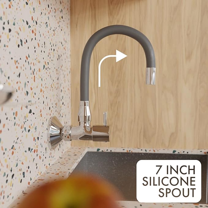 ZAP Elixir Brass Sink Cock | Modern Grey & Chrome Finish Kitchen Faucet | 360° Swivel Spout Tap | Wall Mounted | Rust-Resistant | Dual Flow with Water Saving Aerator | Ideal for Modular Kitchen