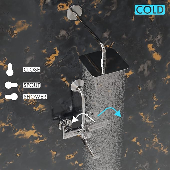 ZAP Ultra Cube Series High Grade 100% Brass 2-in-1 Wall Mixer with Overhead Shower Set and 125mm Long Bend Pipe | Hot/Cold Knobs with Chrome Finish and Faucet Cleaner