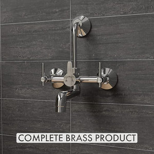 Zap Terrim 2-in-1 Brass Wall Mixer | Chrome Finish | With Overhead Shower Provision & 125 mm Bend Pipe | Visible Hot/Cold Indicators | Faucet Cleaner Knobs | Wall-Mounted Bathroom Faucet