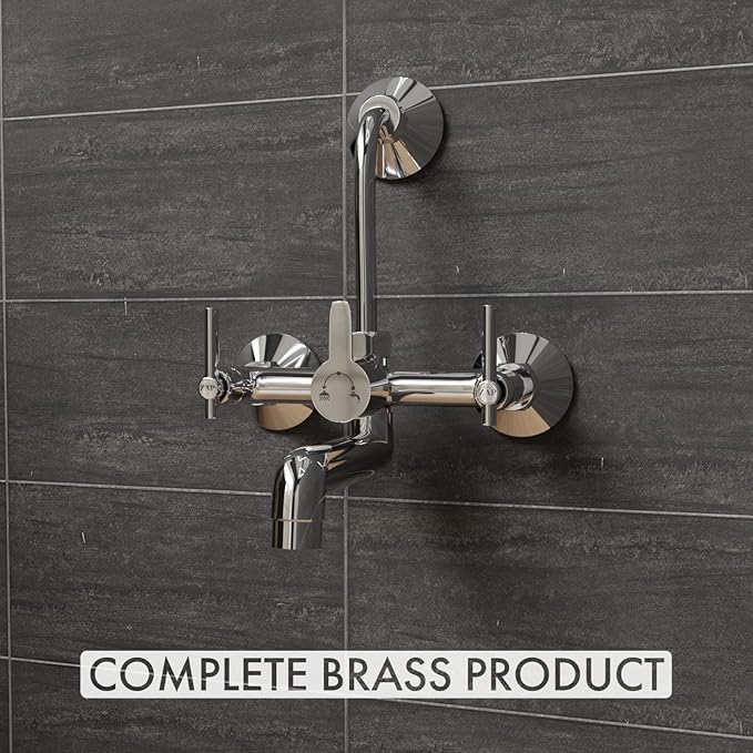 Zap Terrim 2-in-1 Brass Wall Mixer | Chrome Finish | With Overhead Shower Provision & 125 mm Bend Pipe | Visible Hot/Cold Indicators | Faucet Cleaner Knobs | Wall-Mounted Bathroom Faucet