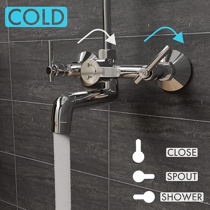 Zap Terrim 2-in-1 Brass Wall Mixer | Chrome Finish | With Overhead Shower Provision & 125 mm Bend Pipe | Visible Hot/Cold Indicators | Faucet Cleaner Knobs | Wall-Mounted Bathroom Faucet