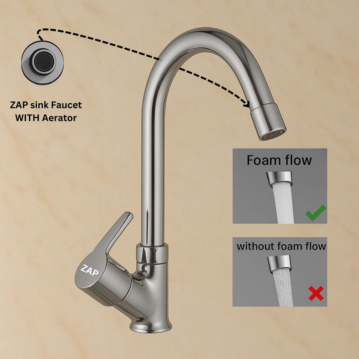Zap Soft Light Swan Neck Tap for Kitchen & Bathroom | Brass Body, Chrome Finish | Table/Deck Mounted | Sleek Durable Design | Soft Flow Water Faucet