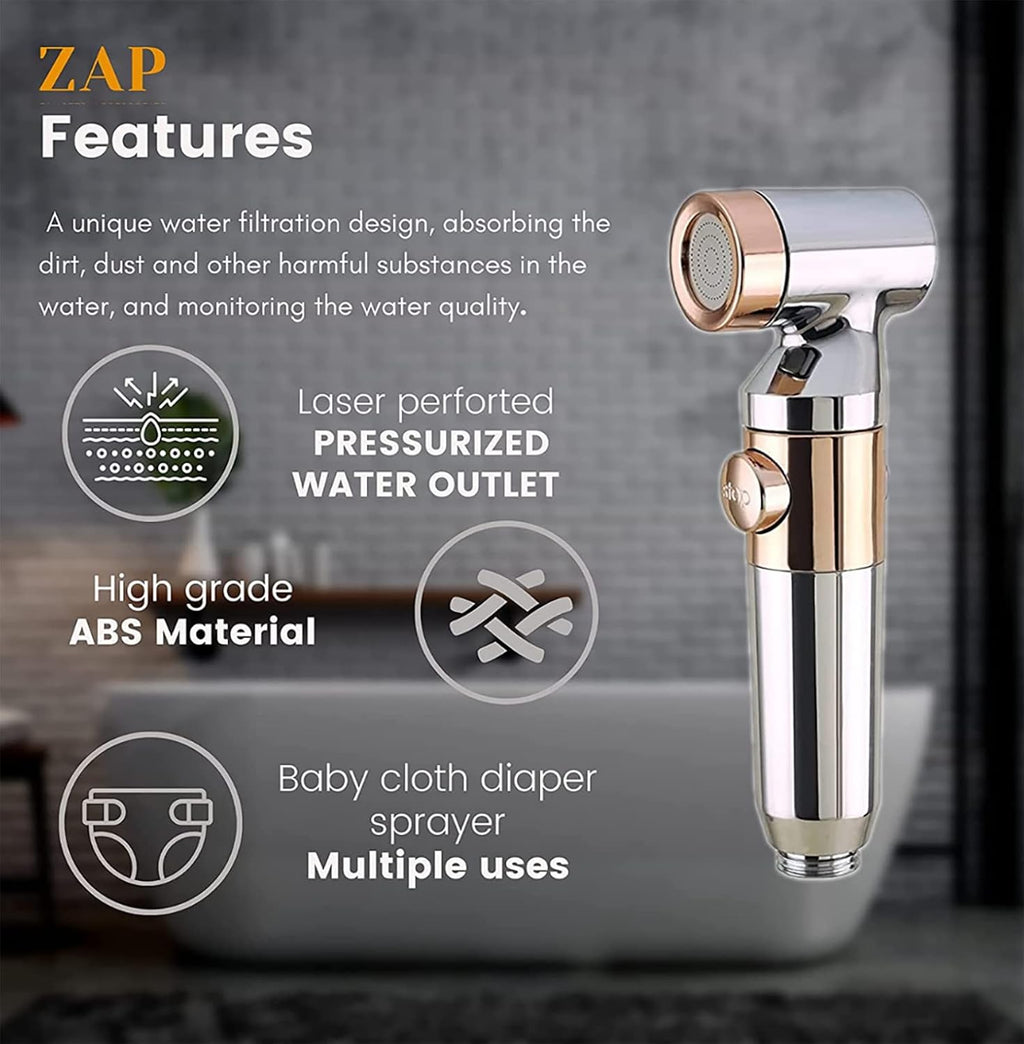 ZAP Ultra ZX1034 Health Faucet Handheld Toilet Jet Spray | ABS Bidet with Chrome Finish | 1.5m SS Hose, Angle Valve & Wall Hook | Multipurpose Spray Gun for Bathroom & Toilet