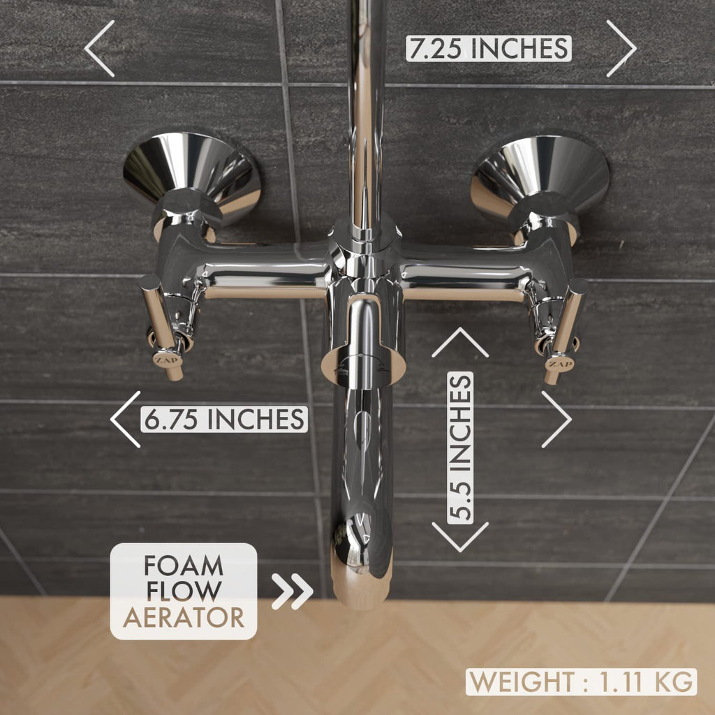 Zap Terrim 2-in-1 Brass Wall Mixer | Chrome Finish | With Overhead Shower Provision & 125 mm Bend Pipe | Visible Hot/Cold Indicators | Faucet Cleaner Knobs | Wall-Mounted Bathroom Faucet