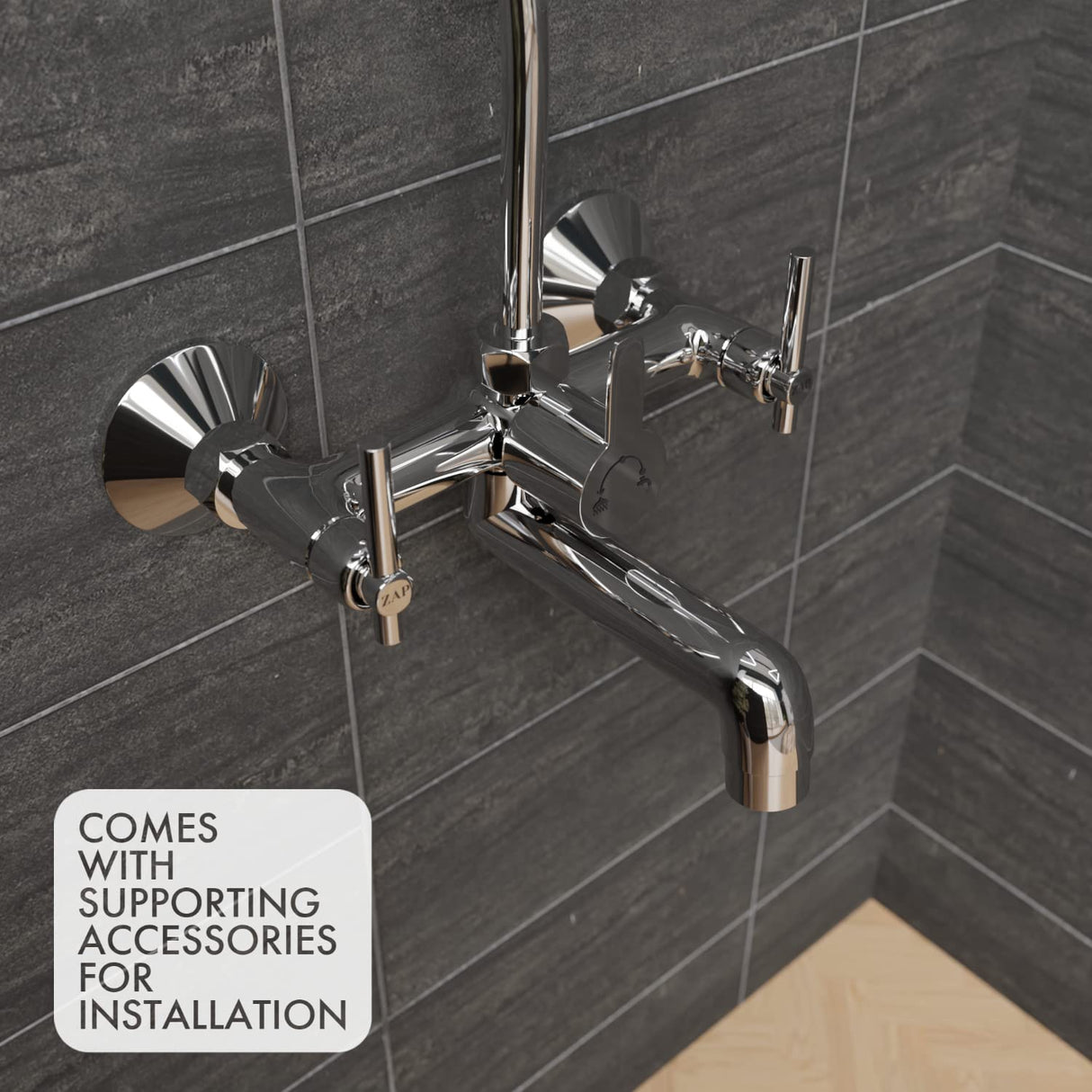 Zap Terrim 2-in-1 Brass Wall Mixer | Chrome Finish | With Overhead Shower Provision & 125 mm Bend Pipe | Visible Hot/Cold Indicators | Faucet Cleaner Knobs | Wall-Mounted Bathroom Faucet