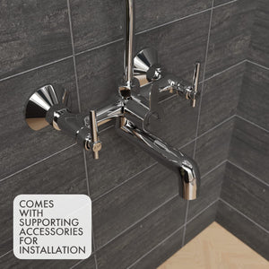 Zap Terrim 2-in-1 Brass Wall Mixer | Chrome Finish | With Overhead Shower Provision & 125 mm Bend Pipe | Visible Hot/Cold Indicators | Faucet Cleaner Knobs | Wall-Mounted Bathroom Faucet