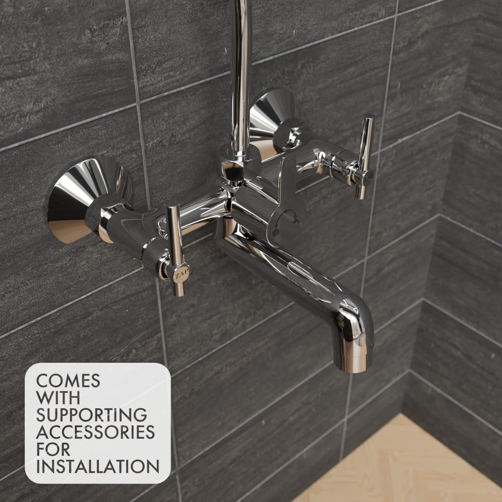 Zap Terrim 2-in-1 Brass Wall Mixer | Chrome Finish | With Overhead Shower Provision & 125 mm Bend Pipe | Visible Hot/Cold Indicators | Faucet Cleaner Knobs | Wall-Mounted Bathroom Faucet