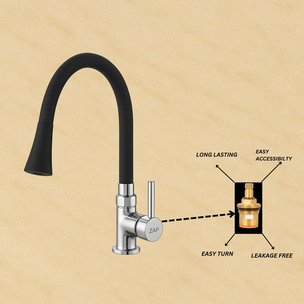ZAP Pluto High Grade Brass Kitchen Tap | Swan Neck Design | 360° Swivel Spout | Dual Flow | Flexible Silicone Spout | Rust-Proof | Hot & Cold Mixer | Chrome Finish