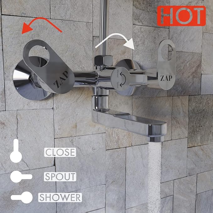 ZAP GEO Series Brass Wall Mixer | Chrome Finish | 2-in-1 Faucet with Overhead Shower Provision & 360° Swivel Bend | Hot & Cold Water Knobs | Wall-Mounted Bathroom Mixer