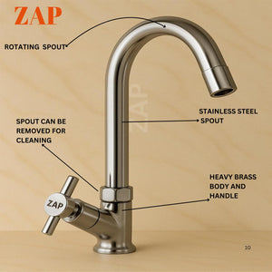 Zap Terrim Light Swan Neck Tap for Kitchen & Bathroom | Brass Body, Chrome Finish | Table/Deck Mounted | Sleek Durable Design | Soft Flow Water Faucet