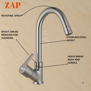 Zap Ocean Heavy Neck Tap for Kitchen/Bathroom | Brass Body, Chrome Finish | Soft Water Flow | Table/Deck Mounted | Sleek & Durable Faucet for Wash Basin & Sink