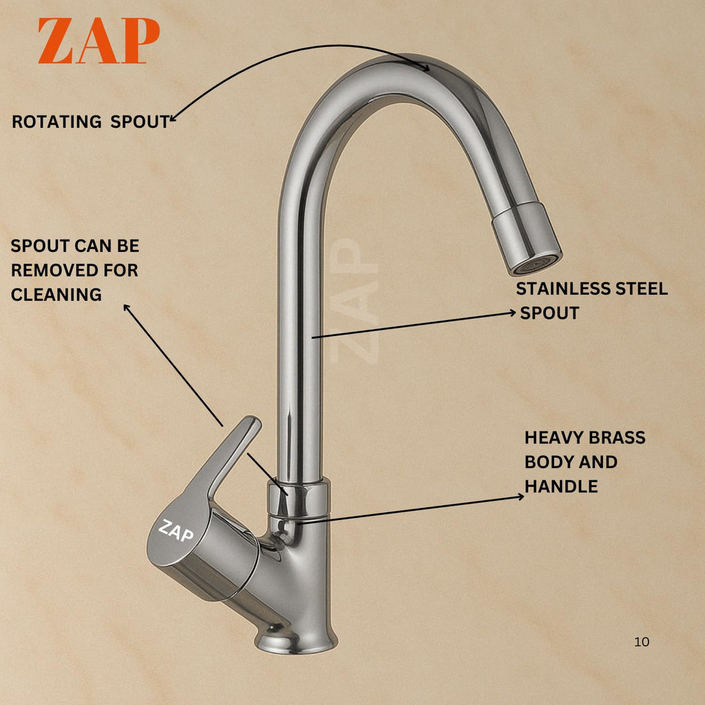 Zap Ocean Heavy Neck Tap for Kitchen/Bathroom | Brass Body, Chrome Finish | Soft Water Flow | Table/Deck Mounted | Sleek & Durable Faucet for Wash Basin & Sink