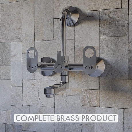 ZAP GEO Series Brass Wall Mixer | Chrome Finish | 2-in-1 Faucet with Overhead Shower Provision & 360° Swivel Bend | Hot & Cold Water Knobs | Wall-Mounted Bathroom Mixer