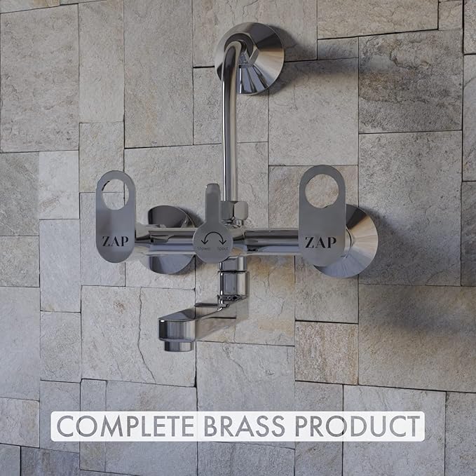 ZAP GEO Series Brass Wall Mixer | Chrome Finish | 2-in-1 Faucet with Overhead Shower Provision & 360° Swivel Bend | Hot & Cold Water Knobs | Wall-Mounted Bathroom Mixer