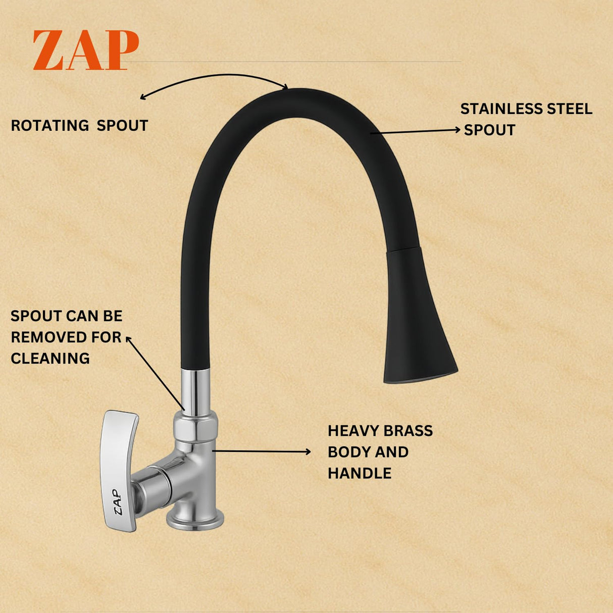 ZAP Soft High Grade Brass Kitchen Tap | Swan Neck Design | 360° Swivel Spout | Dual Flow | Flexible Silicone Spout | Rust-Proof | Hot & Cold Mixer | Chrome Finish