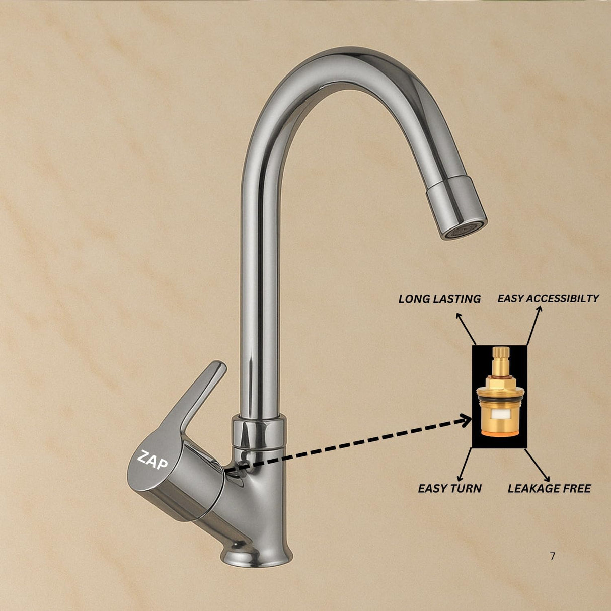 Zap Soft Light Swan Neck Tap for Kitchen & Bathroom | Brass Body, Chrome Finish | Table/Deck Mounted | Sleek Durable Design | Soft Flow Water Faucet