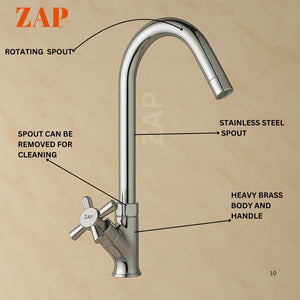 Zap Caster Light Swan Neck Tap for Kitchen & Bathroom | Brass Body, Chrome Finish | Table/Deck Mounted | Sleek Durable Design | Soft Flow Water Faucet