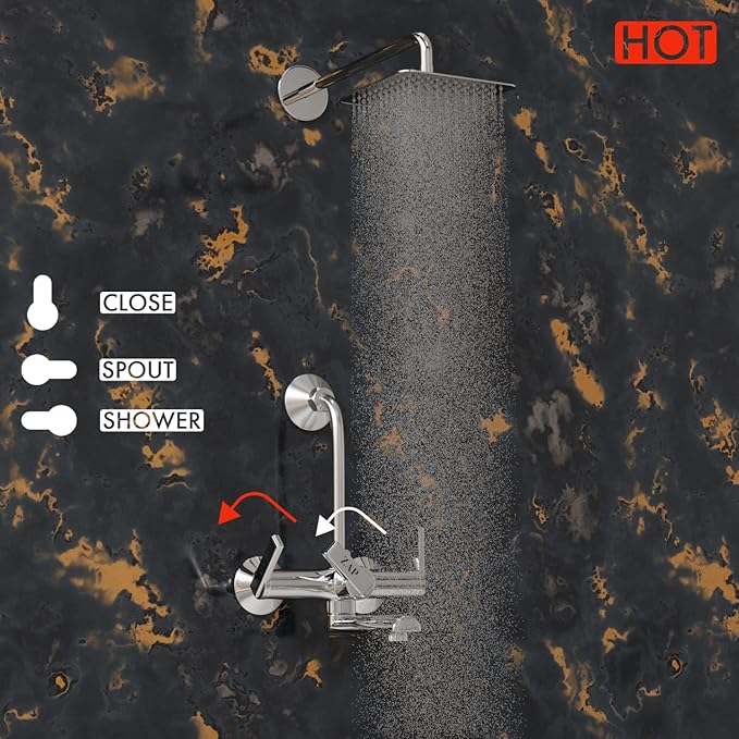 ZAP Ultra Cube Series High Grade 100% Brass 2-in-1 Wall Mixer with Overhead Shower Set and 125mm Long Bend Pipe | Hot/Cold Knobs with Chrome Finish and Faucet Cleaner