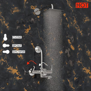 ZAP Ultra Cube Series High Grade 100% Brass 2-in-1 Wall Mixer with Overhead Shower Set and 125mm Long Bend Pipe | Hot/Cold Knobs with Chrome Finish and Faucet Cleaner