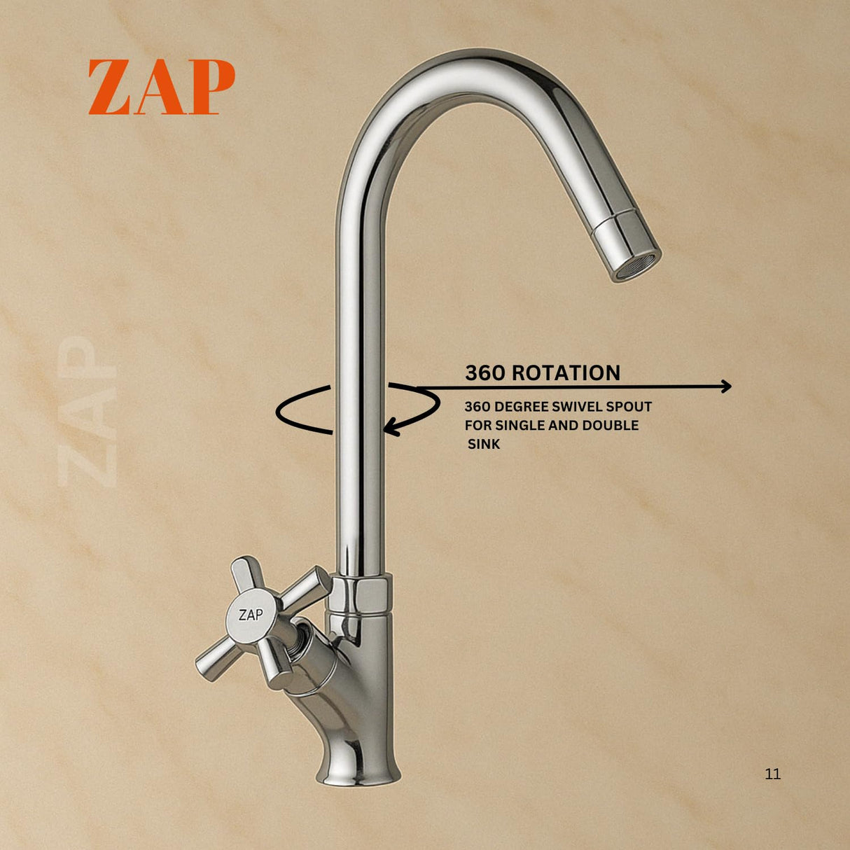 Zap Caster Light Swan Neck Tap for Kitchen & Bathroom | Brass Body, Chrome Finish | Table/Deck Mounted | Sleek Durable Design | Soft Flow Water Faucet