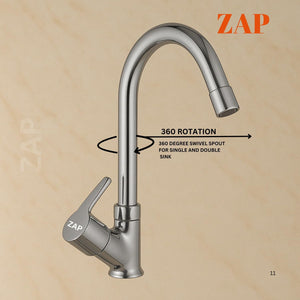 Zap Soft Light Swan Neck Tap for Kitchen & Bathroom | Brass Body, Chrome Finish | Table/Deck Mounted | Sleek Durable Design | Soft Flow Water Faucet