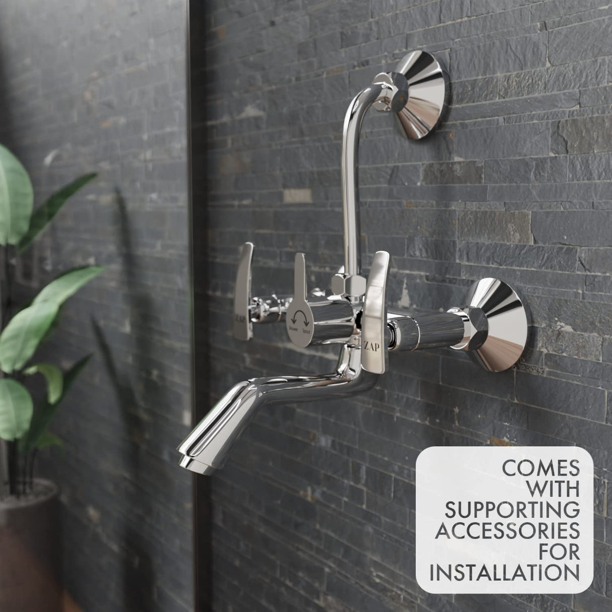ZAP Hexa Series 2311 Premium Brass Wall Mixer | Chrome Finish | With Overhead Shower Provision & 125mm Bend Pipe | Hot & Cold Water Knobs | Wall-Mounted Faucet | With Faucet Cleaner