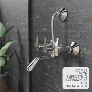 ZAP Hexa Series 2311 Premium Brass Wall Mixer | Chrome Finish | With Overhead Shower Provision & 125mm Bend Pipe | Hot & Cold Water Knobs | Wall-Mounted Faucet | With Faucet Cleaner