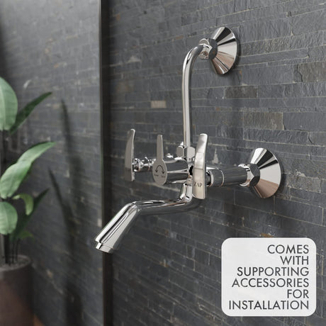 ZAP Hexa Series 2311 Premium Brass Wall Mixer | Chrome Finish | With Overhead Shower Provision & 125mm Bend Pipe | Hot & Cold Water Knobs | Wall-Mounted Faucet | With Faucet Cleaner
