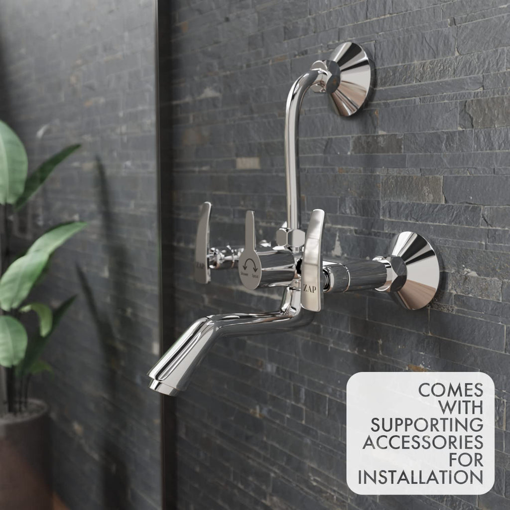 ZAP Hexa Series 2311 Premium Brass Wall Mixer | Chrome Finish | With Overhead Shower Provision & 125mm Bend Pipe | Hot & Cold Water Knobs | Wall-Mounted Faucet | With Faucet Cleaner