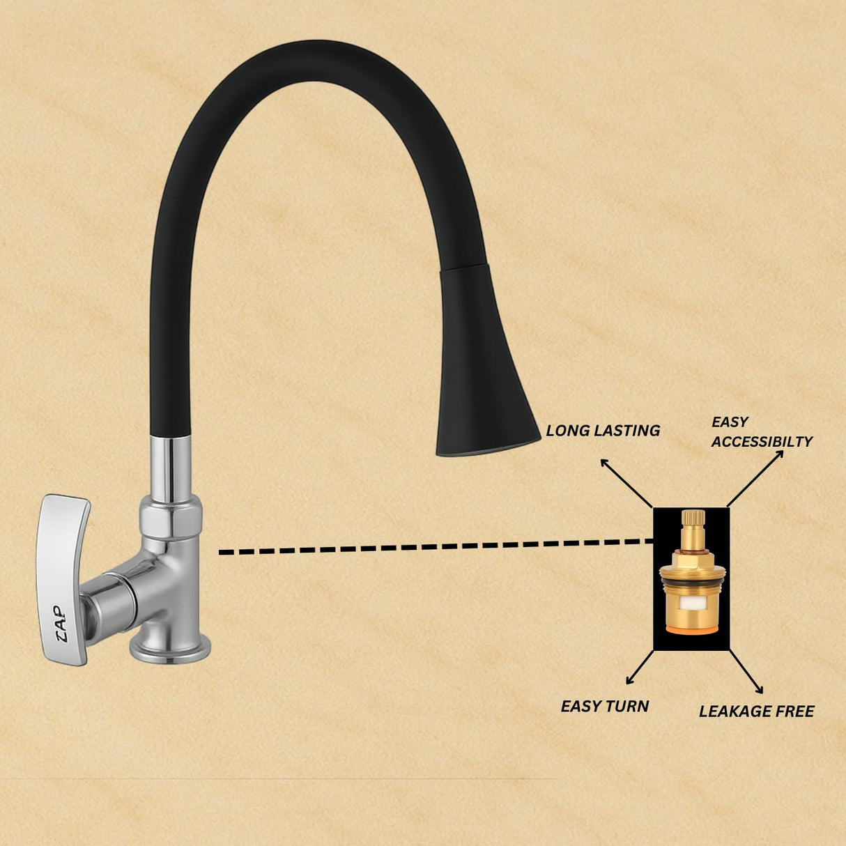 ZAP Soft High Grade Brass Kitchen Tap | Swan Neck Design | 360° Swivel Spout | Dual Flow | Flexible Silicone Spout | Rust-Proof | Hot & Cold Mixer | Chrome Finish