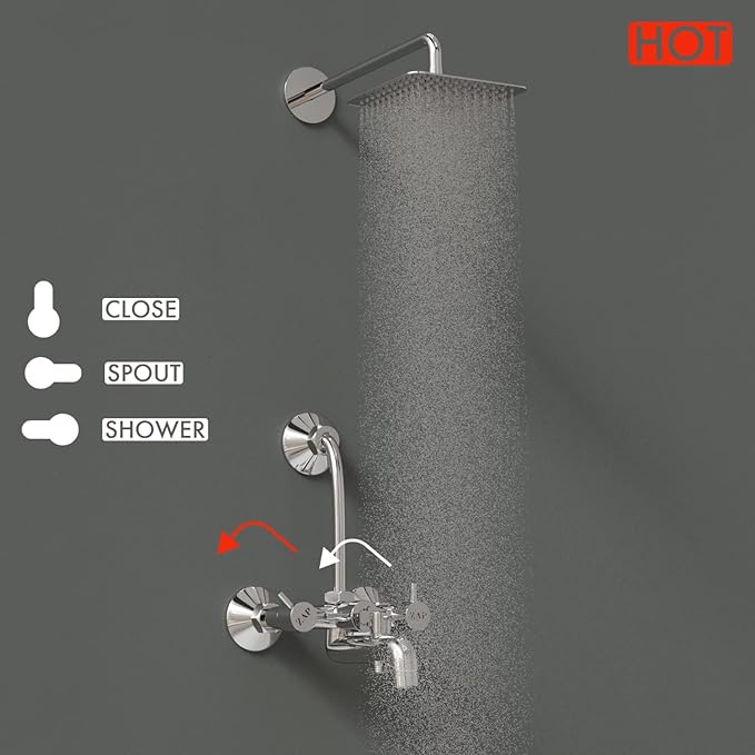 ZAP Elixir Series High Grade 100% Brass 3-in-1 Wall Mixer with Overhead Shower System and 125mm Long Bend Pipe, Chrome Finish