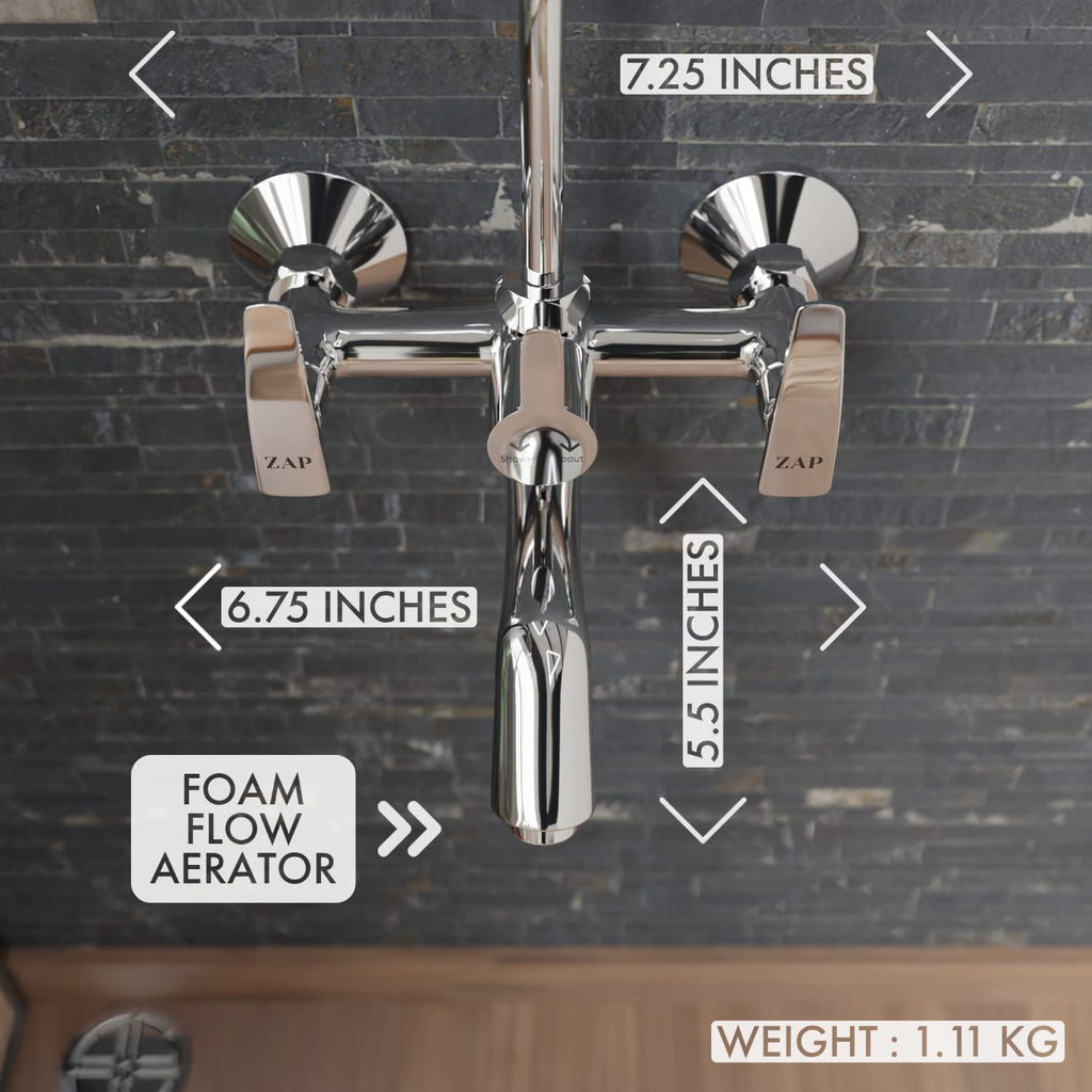 ZAP Hexa Series 2311 Premium Brass Wall Mixer | Chrome Finish | With Overhead Shower Provision & 125mm Bend Pipe | Hot & Cold Water Knobs | Wall-Mounted Faucet | With Faucet Cleaner
