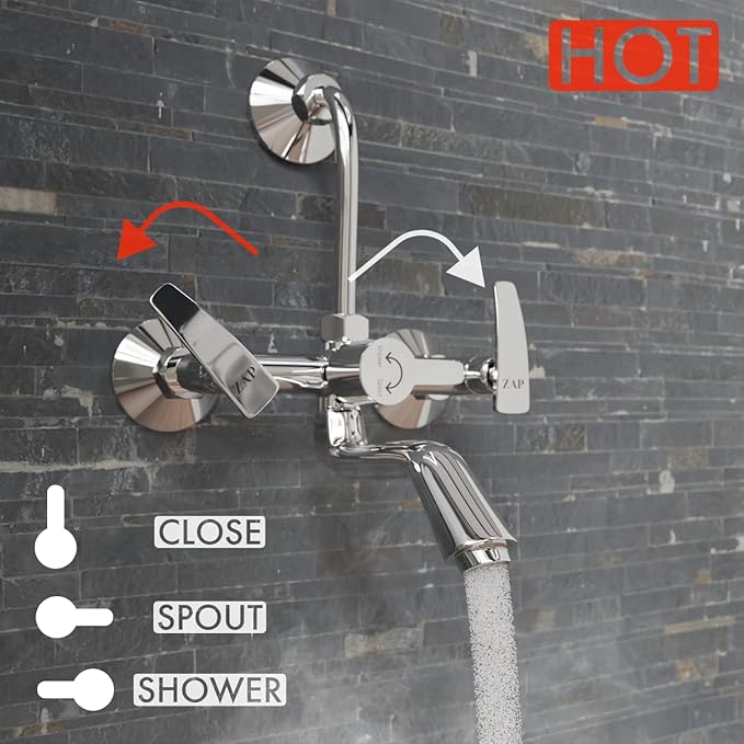 ZAP Hexa Series 2311 Premium Brass Wall Mixer | Chrome Finish | With Overhead Shower Provision & 125mm Bend Pipe | Hot & Cold Water Knobs | Wall-Mounted Faucet | With Faucet Cleaner