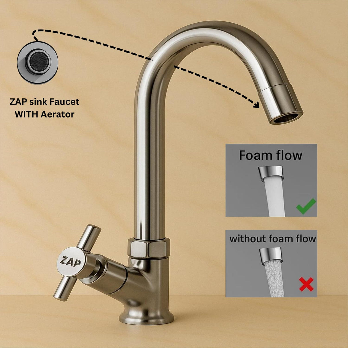 Zap Terrim Light Swan Neck Tap for Kitchen & Bathroom | Brass Body, Chrome Finish | Table/Deck Mounted | Sleek Durable Design | Soft Flow Water Faucet