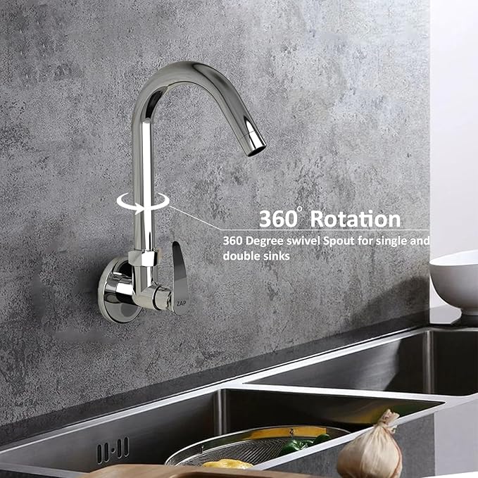 ZAP Arrow Kitchen Sink Tap with Wall Flange | 360° Swivel Spout | Brass Sink Cock for Kitchen & Basin | Chrome Finish | 7-Year Warranty