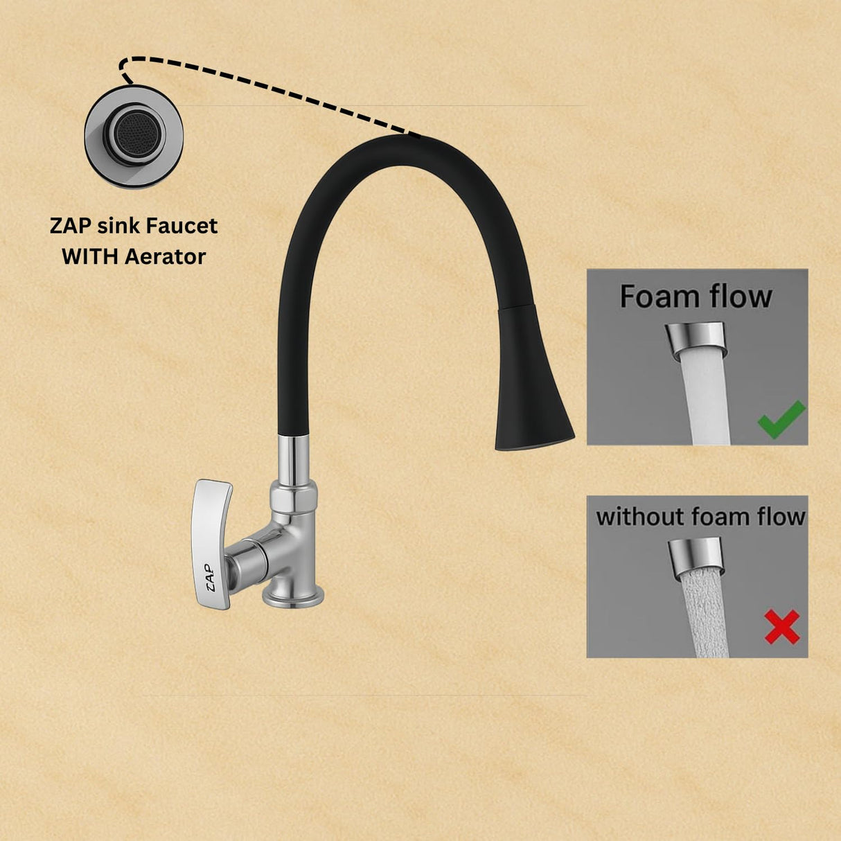 ZAP Soft High Grade Brass Kitchen Tap | Swan Neck Design | 360° Swivel Spout | Dual Flow | Flexible Silicone Spout | Rust-Proof | Hot & Cold Mixer | Chrome Finish