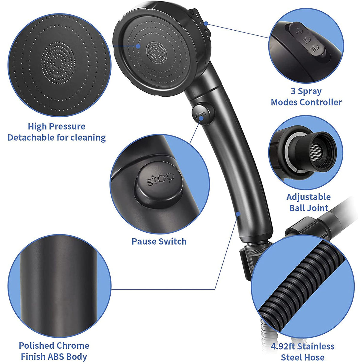 ZAP Exotic Series Handheld Shower Set | High Pressure Detachable Shower Head with Hand Spray | ON/OFF Pause Switch | 3 Spray Settings | Matte Black Finish