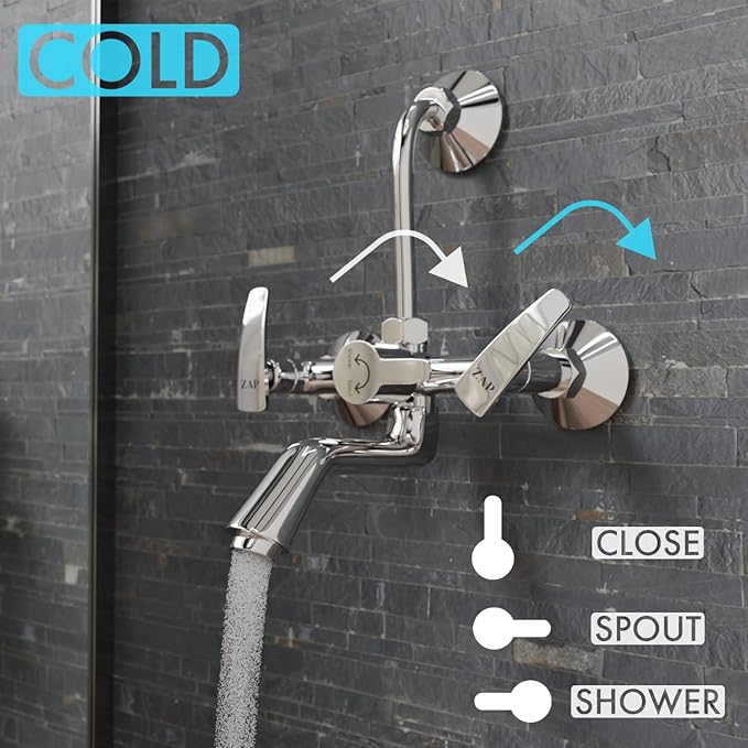ZAP Hexa Series 2311 Premium Brass Wall Mixer | Chrome Finish | With Overhead Shower Provision & 125mm Bend Pipe | Hot & Cold Water Knobs | Wall-Mounted Faucet | With Faucet Cleaner