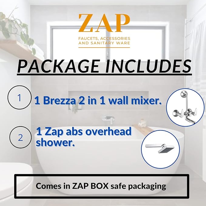 ZAP Brezza Series 2-in-1 Wall Mixer with Crutch | Brass Body with Multi-Flow Hand Shower & 1.5m Flexible Tube | Chrome Finish Deluxe Bathroom Fitting