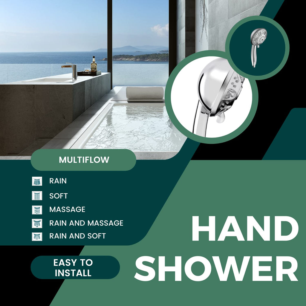 Ultra FX2310 Hand Shower With Silicone Free Nozzles, Stainless Steel Finish, Lightweight, Great Grip, Precise Water Multiflow (Ultra Modern Sleek, Rain, Soft, Massage, Rain & Massage Flow)