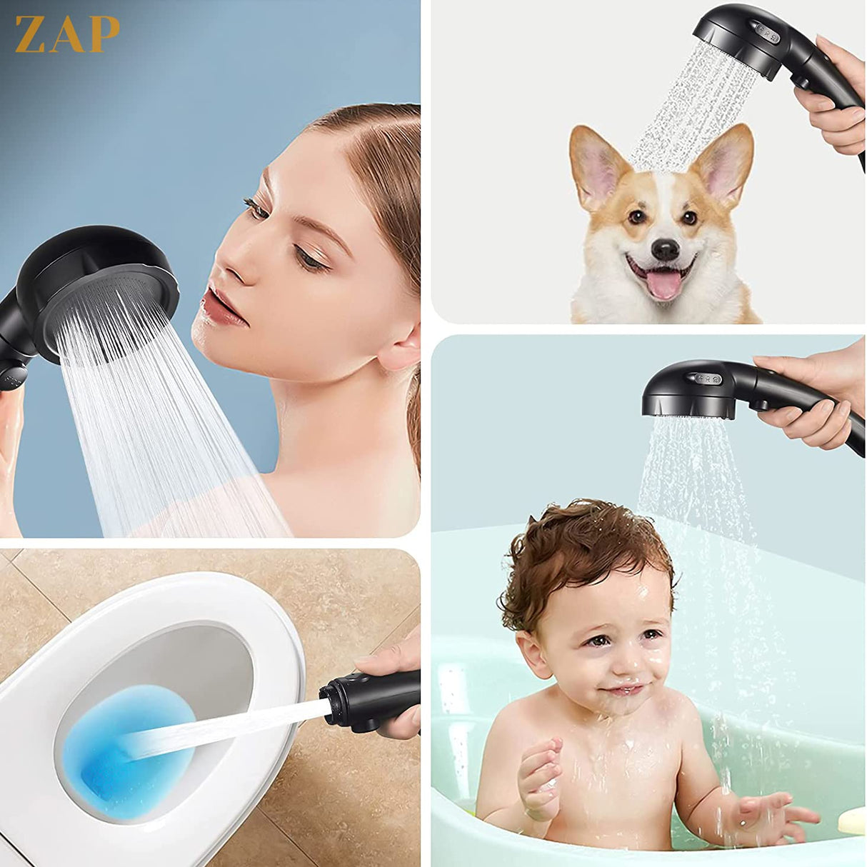 ZAP Exotic Series Handheld Shower Set | High Pressure Detachable Shower Head with Hand Spray | ON/OFF Pause Switch | 3 Spray Settings | Matte Black Finish