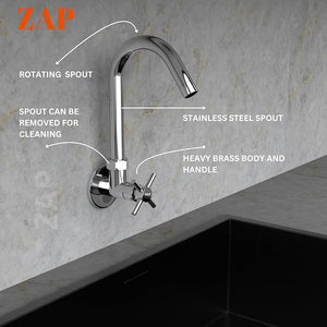ZAP Caster Wall-Mount Kitchen Sink Tap with 360° Swivel Spout | Chrome Finish Brass Sink Cock with Flange | 7-Year Warranty | Tap for Kitchen Sink & Basin