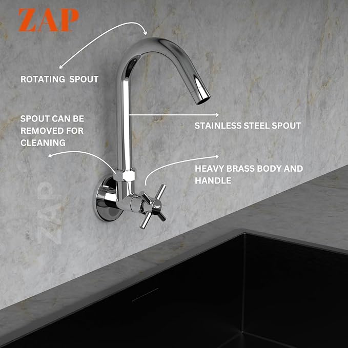 ZAP Caster Wall-Mount Kitchen Sink Tap with 360° Swivel Spout | Chrome Finish Brass Sink Cock with Flange | 7-Year Warranty | Tap for Kitchen Sink & Basin