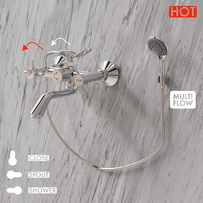 Caster 2-in-1 Wall Mixer with Crutch, Multi-Flow Hand Shower