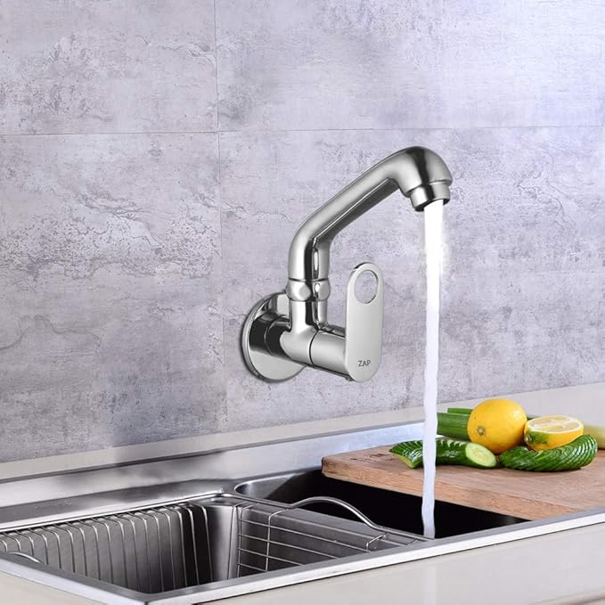 ZAP Geo Heavy Wall-Mount Kitchen Sink Tap | Chrome Finish | Easy-to-Use Brass Sink Cock for Home & Kitchen