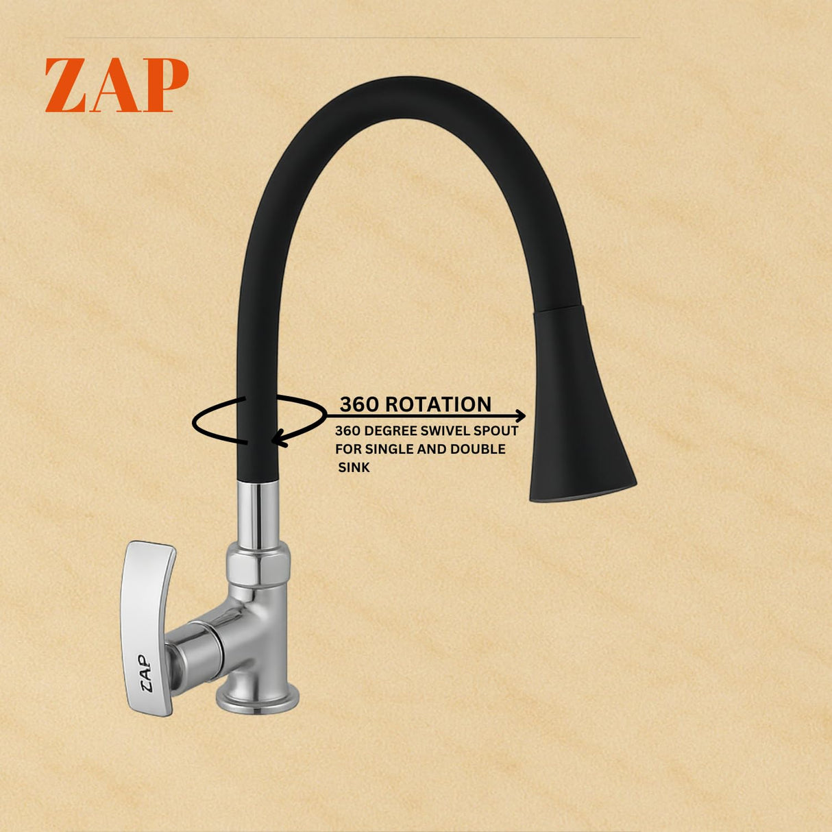 ZAP Soft High Grade Brass Kitchen Tap | Swan Neck Design | 360° Swivel Spout | Dual Flow | Flexible Silicone Spout | Rust-Proof | Hot & Cold Mixer | Chrome Finish