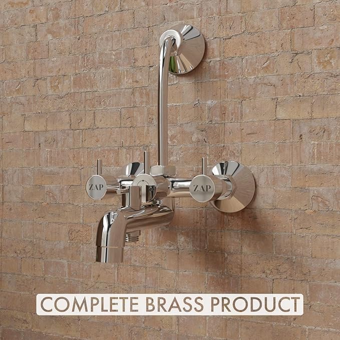 ZAP Elixir Series 100% High Grade Brass 3-in-1 Wall Mixer with Provision for Overhead Shower and 125mm Long Bend Pipe, Chrome Finish