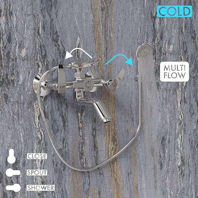 ZAP Skoda Full Brass Wall Mixer with Hand Shower | Chrome Plated Bathroom Fitting with Complete Screw Set | Durable & Stylish Bath Mixer Tap